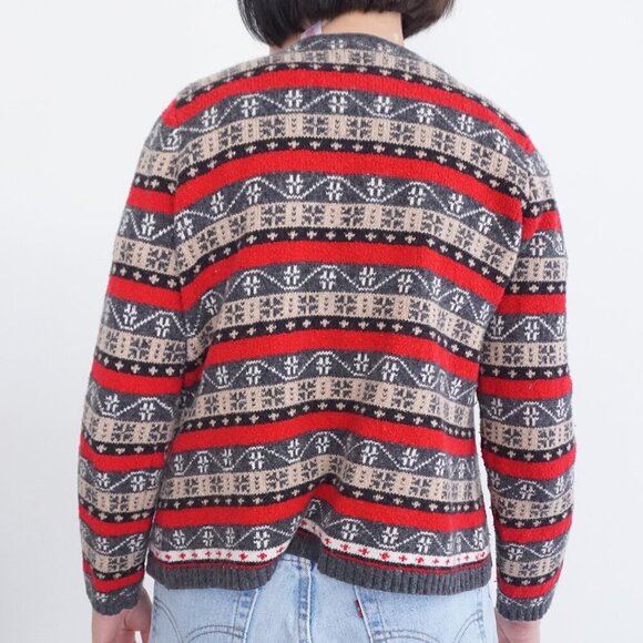 Vintage Liz Claiborne Grey Knit 10% Wool w Red Design Zip Up Cardigan Sweater S - Picture 3 of 10